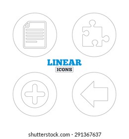 Plus add circle and puzzle piece icons. Document file and back arrow sign symbols. Linear outline web icons. Vector