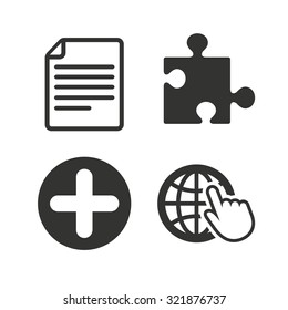 Plus add circle and puzzle piece icons. Document file and globe with hand pointer sign symbols. Flat icons on white. Vector