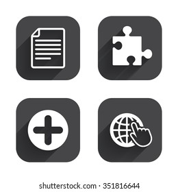 Plus add circle and puzzle piece icons. Document file and globe with hand pointer sign symbols. Square flat buttons with long shadow.