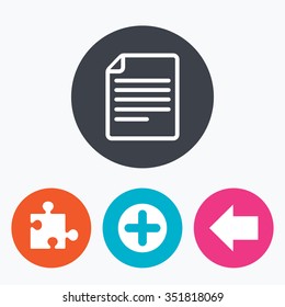 Plus add circle and puzzle piece icons. Document file and back arrow sign symbols. Circle flat buttons with icon.
