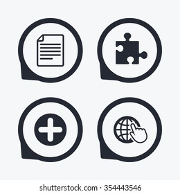 Plus add circle and puzzle piece icons. Document file and globe with hand pointer sign symbols. Flat icon pointers.