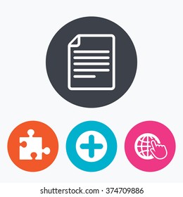 Plus add circle and puzzle piece icons. Document file and globe with hand pointer sign symbols. Circle flat buttons with icon.