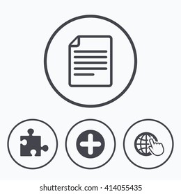 Plus add circle and puzzle piece icons. Document file and globe with hand pointer sign symbols. Icons in circles.