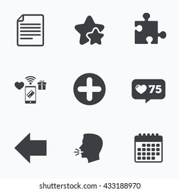 Plus add circle and puzzle piece icons. Document file and back arrow sign symbols. Flat talking head, calendar icons. Stars, like counter icons. Vector