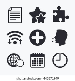 Plus add circle and puzzle piece icons. Document file and globe with hand pointer sign symbols. Wifi internet, favorite stars, calendar and clock. Talking head. Vector
