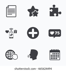 Plus add circle and puzzle piece icons. Document file and globe with hand pointer sign symbols. Flat talking head, calendar icons. Stars, like counter icons. Vector