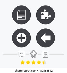 Plus add circle and puzzle piece icons. Document file and back arrow sign symbols. Chat, award medal and report linear icons. Star vote ranking. Vector