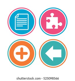 Plus add circle and puzzle piece icons. Document file and back arrow sign symbols. Colored circle buttons. Vector
