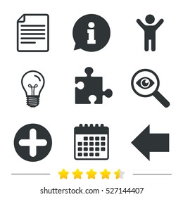 Plus add circle and puzzle piece icons. Document file and back arrow sign symbols. Information, light bulb and calendar icons. Investigate magnifier. Vector
