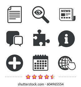Plus add circle and puzzle piece icons. Document file and globe with hand pointer sign symbols. Newspaper, information and calendar icons. Investigate magnifier, chat symbol. Vector