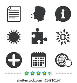 Plus add circle and puzzle piece icons. Document file and globe with hand pointer sign symbols. Information, go to web and calendar icons. Sun and loud speak symbol. Vector