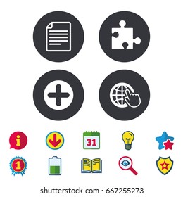 Plus add circle and puzzle piece icons. Document file and globe with hand pointer sign symbols. Calendar, Information and Download signs. Stars, Award and Book icons. Light bulb, Shield and Search