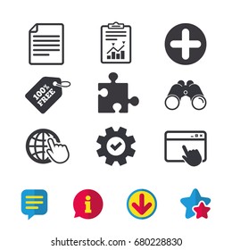 Plus add circle and puzzle piece icons. Document file and globe with hand pointer sign symbols. Browser window, Report and Service signs. Binoculars, Information and Download icons. Stars and Chat