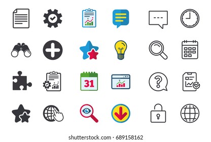 Plus add circle and puzzle piece icons. Document file and globe with hand pointer sign symbols. Chat, Report and Calendar signs. Stars, Statistics and Download icons. Question, Clock and Globe. Vector