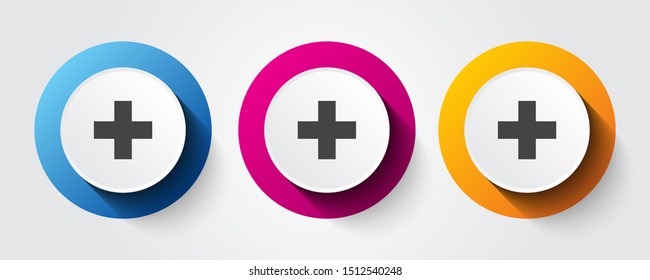 Plus or Add  icon on three colorful buttons.