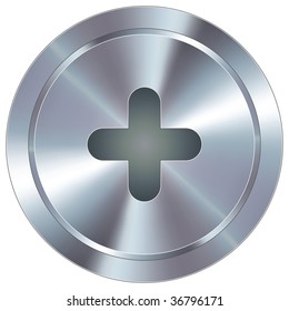 Plus or add math symbol icon on round stainless steel modern industrial button suitable for use as a website accent, on promotional materials, or in advertisements.