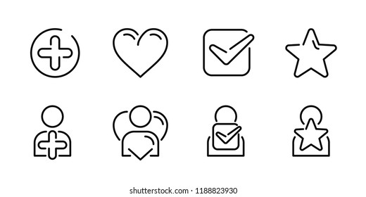 Plus (add to), heart (like, wishlist), check mark (checklist, confirmationm verification), star (favorites, rating) and same symbols with people icons (avatar, profile) - set of vector outline icons