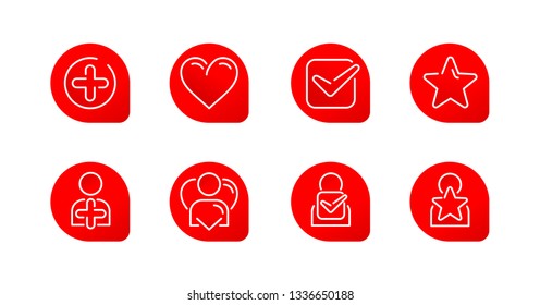 Plus (add to), heart (like, wishlist), check mark (checklist, confirmationm verification), star (favorites, rating) and same symbols with people icons (avatar, profile) - set of red vector icons