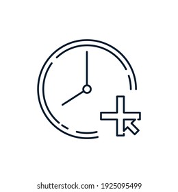 Plus, arrow, clock. Extra time concept. Vector icon isolated on white background. 