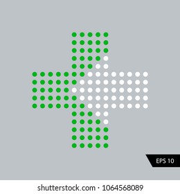 Plus with arrow in dots design. Green plus and white arrow.