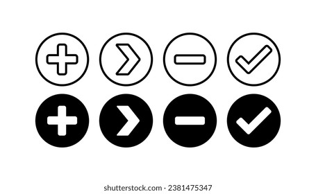 Plus, arrow, minus, checkmark icons. Outline, plus, arrow, minus, checkmark icons. Vector icons