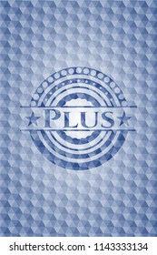 Plus blue emblem with geometric pattern background.