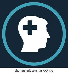 Plus Boy Head vector icon. Style is bicolor flat circled symbol, blue and white colors, rounded angles, dark blue background.