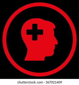 Plus Boy Head vector icon. Style is flat circled symbol, red color, rounded angles, black background.