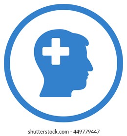 Plus Boy Head vector icon. Style is flat circled symbol, cobalt color, rounded angles, white background.