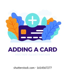 Plus Button and Credit Card Vector stock illustration isolated on a white background. Concept of opening a bank account or paying for medical services. Opening a bank credit card.