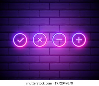 Plus, check, minus, cross sign neon icon. Simple thin line, outline vector of web icons for ui and ux, website or mobile application isolated on brick wall.