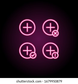 Plus, plus, check, minus, exclamation sign neon icon. Simple thin line, outline vector of web icons for ui and ux, website or mobile application