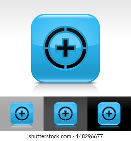 Plus in circle icon. Blue color glossy web button with black sign. Rounded square shape with shadow, reflection on white, gray, black background. Vector illustration design element 8 eps 