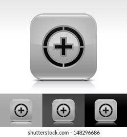 Plus in circle icon. Gray color glossy web button with black sign. Rounded square shape with shadow, reflection on white, gray, black background. Vector illustration design element 8 eps 