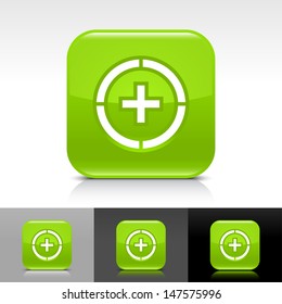 Plus in circle icon. Green color glossy web button with white sign. Rounded square shape with shadow, reflection on white, gray, black background. Vector illustration design element 8 eps 