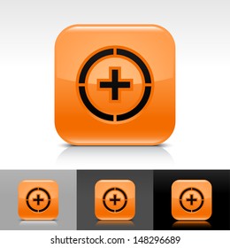 Plus in circle icon. Orange color glossy web button with black sign. Rounded square shape with shadow, reflection on white, gray, black background. Vector illustration design element 8 eps