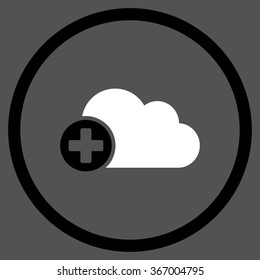 Plus Cloud vector icon. Style is bicolor flat circled symbol, black and white colors, rounded angles, gray background.