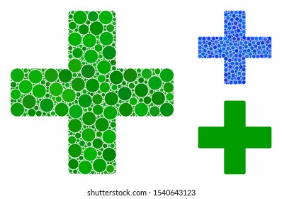 Plus composition of round dots in various sizes and color hues, based on plus icon. Vector round dots are composed into blue composition. Dotted plus icon in usual and blue versions.