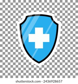 Más o la cruz en el icono de color del escudo, un símbolo de la medicina, la inmunidad y la protección del equipo contra los virus. Clínica. Farmacia. Hospital. Medicina. Ilustración en transparente. Vector EPS 10
