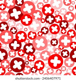 Plus cross pattern. Abstract medical seamless background. Vector hospital and healthcare geometric symbol. Simple red elements on white backdrop