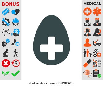 Plus Egg vector icon with bonus. Style is flat symbol, soft blue color, rounded angles, white background.