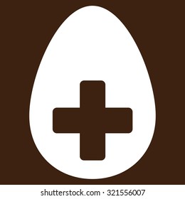Plus Egg vector icon. Style is flat symbol, white color, rounded angles, brown background.
