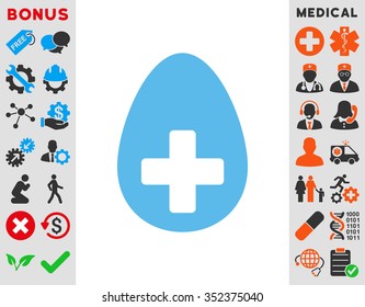 Plus Egg vector icon. Style is flat symbol, blue color, rounded angles, white background.