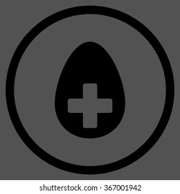 Plus Egg vector icon. Style is flat circled symbol, black color, rounded angles, gray background.