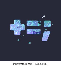 Plus equals semicolon with effect of liquid spots of paint in blue, white, purple colors on dark navy background. Decoration element for winter design of a flyer, poster, calendar, cover, title