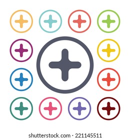 plus flat icons set. Open round colorful buttons. Vector 