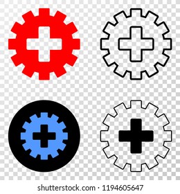Plus gear EPS vector pictogram with contour, black and colored versions. Illustration style is flat iconic symbol on chess transparent background.
