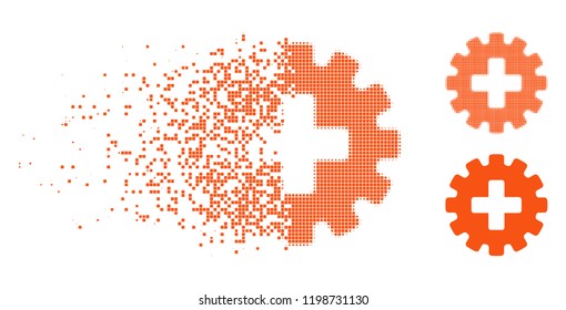 Plus gear icon in disappearing, pixelated halftone and undamaged whole versions. Particles are grouped into vector dissipated plus gear figure. Disappearing effect involves square pixels.