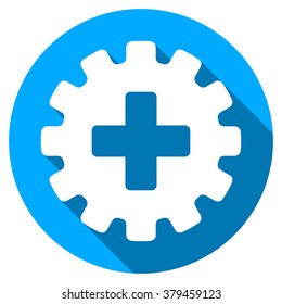 Plus Gear long shadow icon. Style is a light flat symbol with rounded angles on a blue round button.