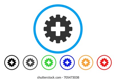 Plus Gear rounded icon. Vector illustration style is a flat iconic symbol inside a circle, with black, gray, green, blue, orange, red color versions. Designed for web and software interfaces.